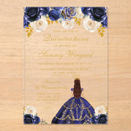 Navy Blue Floral Princess Quinceañera アクリル招待状