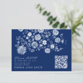Navy Blue Floral QR Code Wedding Details Card エンクロージャーカード (スタンド正面)