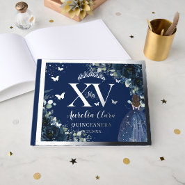 Navy Blue Floral Quinceañera Quince 15 Silver ゲストブック