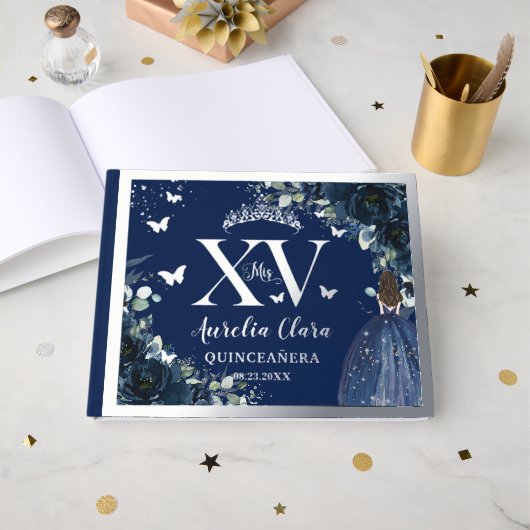 Navy Blue Floral Quinceañera Quince 15 Silver ゲストブック (正面見開き)
