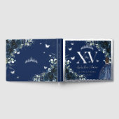 Navy Blue Floral Quinceañera Quince 15 Silver ゲストブック (全面)