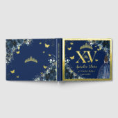 Navy Blue Floral Quinceañera Quince XV 15 Gold ゲストブック (全面)