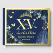 Navy Blue Floral Quinceañera Quince XV 15 Gold ゲストブック (正面)
