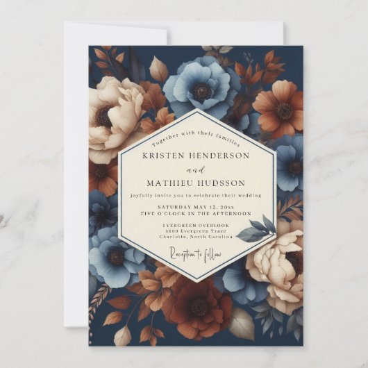 Navy Blue Floral Romance Wedding 招待状 (正面)