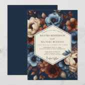 Navy Blue Floral Romance Wedding 招待状 (正面/裏面)