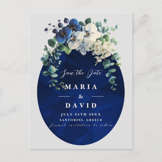 Navy Blue Floral Save the Date, Elegant 案内ポストカード (正面)