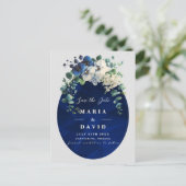 Navy Blue Floral Save the Date, Elegant 案内ポストカード (スタンド正面)