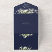 Navy Blue Floral String Lights QR Code Wedding オールインワン招待状 (外側)