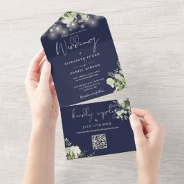 Navy Blue Floral String Lights QR Code Wedding オールインワン招待状