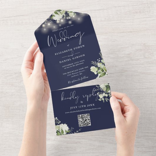 Navy Blue Floral String Lights QR Code Wedding オールインワン招待状 (貼ってはがせる)