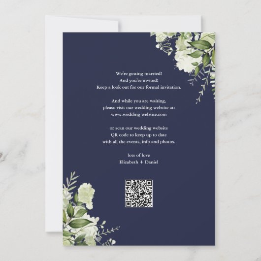 Navy Blue Floral String Lights QR Code Wedding セーブザデート (裏面)