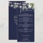 Navy Blue Floral String Lights Wedding Dinner メニュー (正面/裏面)