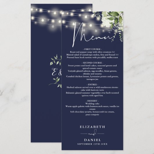 Navy Blue Floral String Lights Wedding Dinner メニュー (正面/裏面)