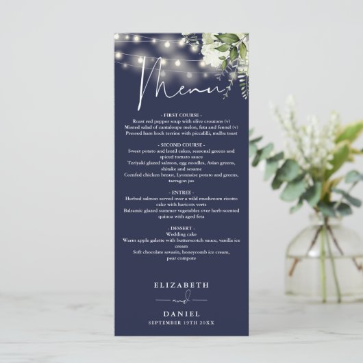Navy Blue Floral String Lights Wedding Dinner メニュー (スタンド正面)