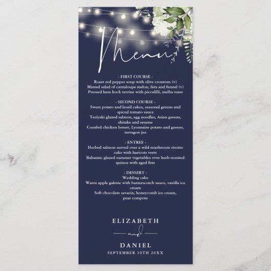 Navy Blue Floral String Lights Wedding Dinner メニュー (正面)