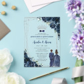 Navy Blue Floral Twins Boy Girl Silver Quinceañera アクリル招待状 (インサイチュ (ウェディング))