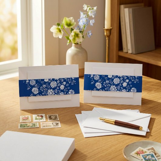 Navy Blue Floral Wedding 招待状ベリーバンド