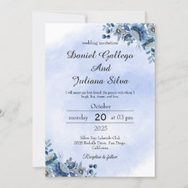Navy Blue Floral Wedding Invitation 招待状