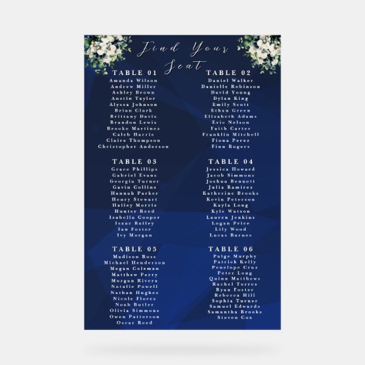 Navy Blue Floral Wedding Seating Chart Sign アクリルサイン (正面)