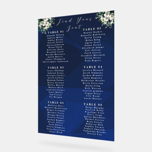 Navy Blue Floral Wedding Seating Chart Sign アクリルサイン (傾斜)