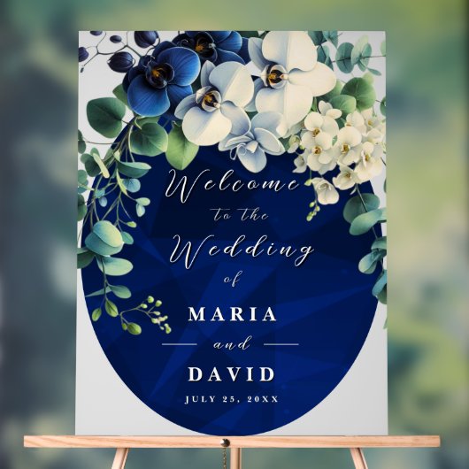 Navy Blue Floral Wedding Welcome Sign アクリルサイン (ニュートラル)