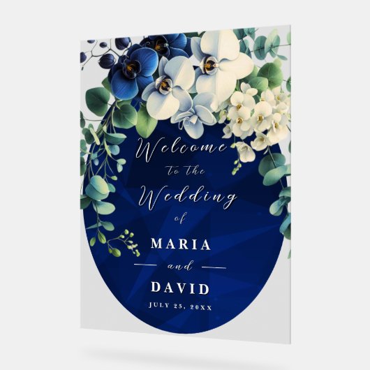 Navy Blue Floral Wedding Welcome Sign アクリルサイン (傾斜)
