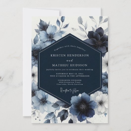 Navy Blue Floral Whimsy Wedding 招待状 (正面)