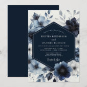 Navy Blue Floral Whimsy Wedding 招待状 (正面/裏面)