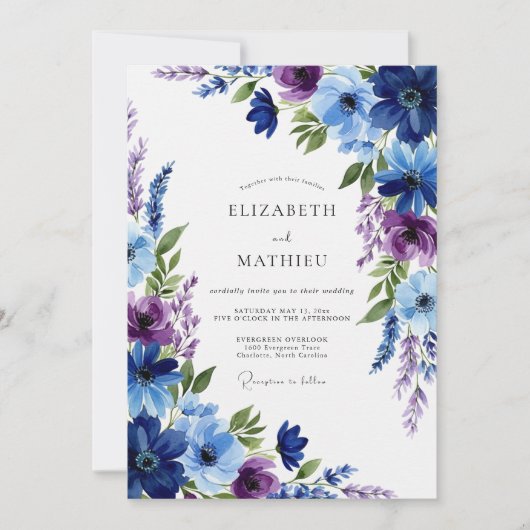 Navy Blue Floral Whimsy Wedding 招待状 (正面)