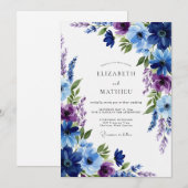 Navy Blue Floral Whimsy Wedding 招待状 (正面/裏面)
