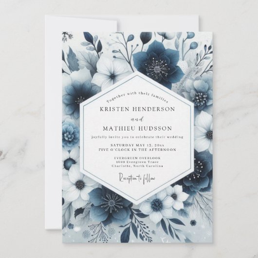 Navy Blue Floral Whimsy Wedding 招待状 (正面)
