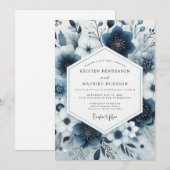 Navy Blue Floral Whimsy Wedding 招待状 (正面/裏面)