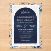 Navy Blue Floral White Lace Muslim Wedding アクリル招待状 (正面)