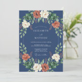 Navy Blue Floral Wreath Wedding 招待状 (スタンド正面)