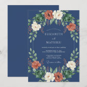 Navy Blue Floral Wreath Wedding 招待状 (正面/裏面)