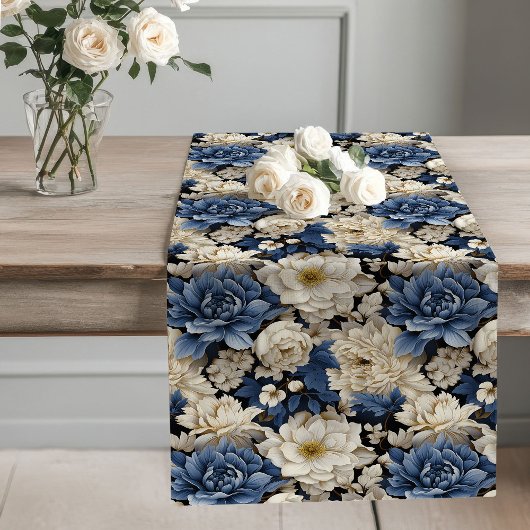 Navy Blue Flowers Elegant Table Decor Runner ロングテーブルランナー