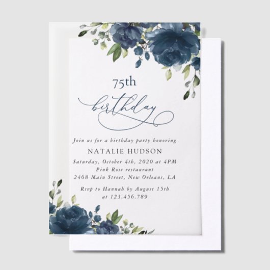 Navy Blue Flowers, Greenery, Boho, Any Birthday ベラム紙招待状 (オフセット)