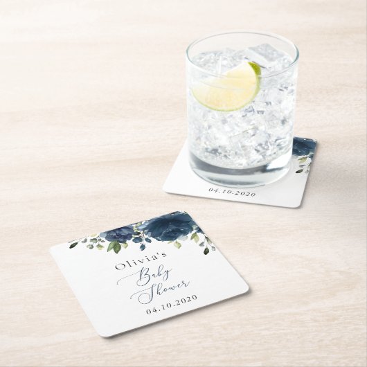 Navy Blue Flowers, Greenery, Boho, Baby Shower スクエアペーパーコースター (インサイチュ)