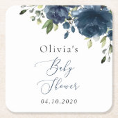 Navy Blue Flowers, Greenery, Boho, Baby Shower スクエアペーパーコースター (正面)