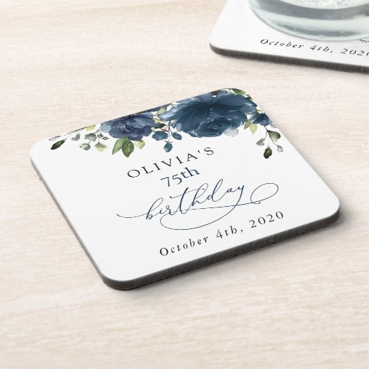 Navy Blue Flowers, Greenery, Boho, Birthday コースター (左側)