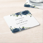 Navy Blue Flowers, Greenery, Boho, Floral Wedding スクエアペーパーコースター (アングル)