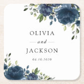 Navy Blue Flowers, Greenery, Boho, Floral Wedding スクエアペーパーコースター (正面)