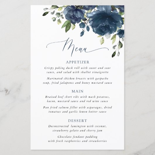 Navy Blue Flowers, Greenery, Bridal Shower Menu (正面)