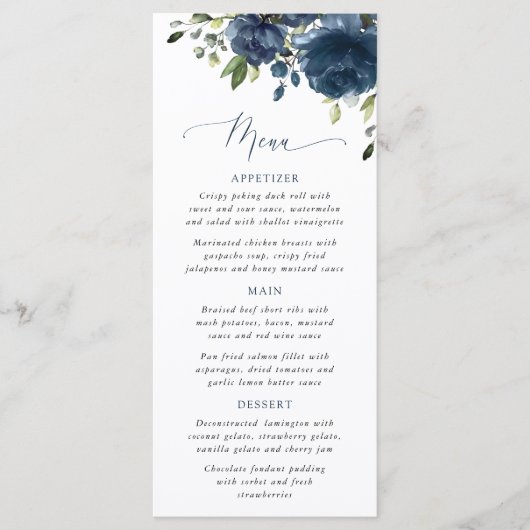 Navy Blue Flowers, Greenery, Bridal Shower Menu メニュー (正面)