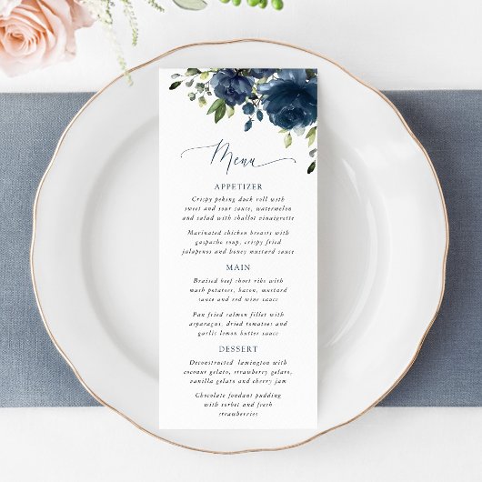Navy Blue Flowers, Greenery, Bridal Shower Menu メニュー