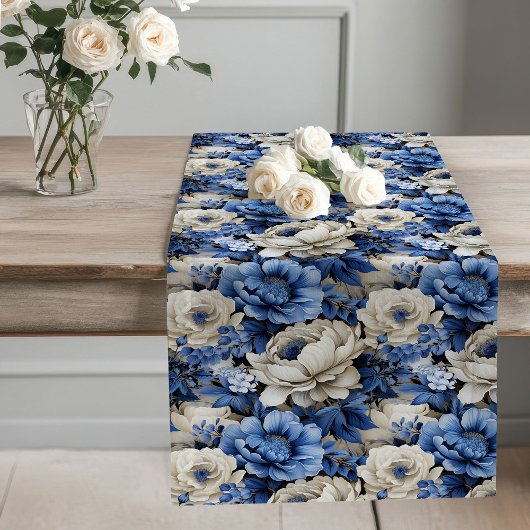 Navy Blue Flowers Ivory Floral Table Runner ロングテーブルランナー