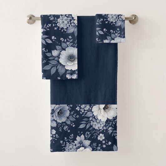 navy blue flowers modern decorative bathroom バスタオルセット (インサイチュ)