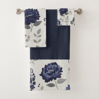 navy blue flowers modern decorative bathroom  バスタオルセット