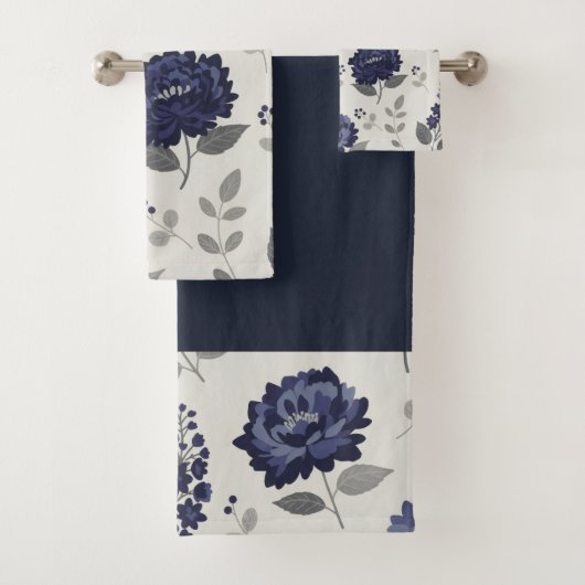 navy blue flowers modern decorative bathroom  バスタオルセット (インサイチュ)