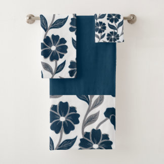navy blue flowers modern decorative bathroom  バスタオルセット